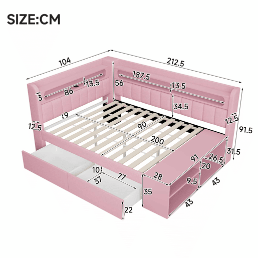 Sofá-cama estofado 90 x 200 cm - porta USB, faixa de luz LED, sapateira incluída, duas gavetas - rosa