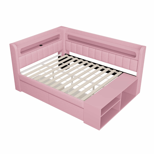 Sofá-cama estofado 90 x 200 cm - porta USB, faixa de luz LED, sapateira incluída, duas gavetas - rosa