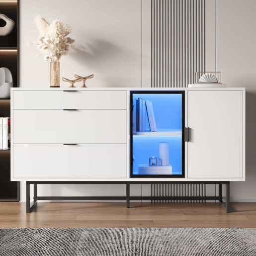 Aparador vitrina - 3 gavetas, portas de vidro, faixa LED, estilo moderno luxuoso - Branco