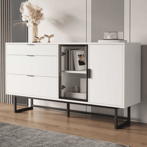 Aparador vitrina - 3 gavetas, portas de vidro, faixa LED, estilo moderno luxuoso - Branco