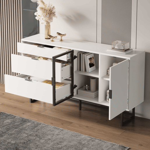Aparador vitrina - 3 gavetas, portas de vidro, faixa LED, estilo moderno luxuoso - Branco