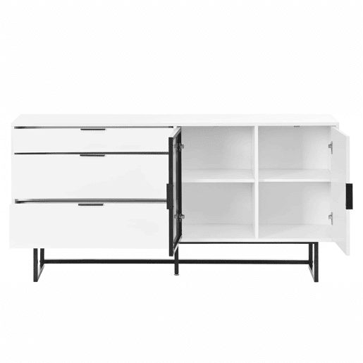Aparador vitrina - 3 gavetas, portas de vidro, faixa LED, estilo moderno luxuoso - Branco