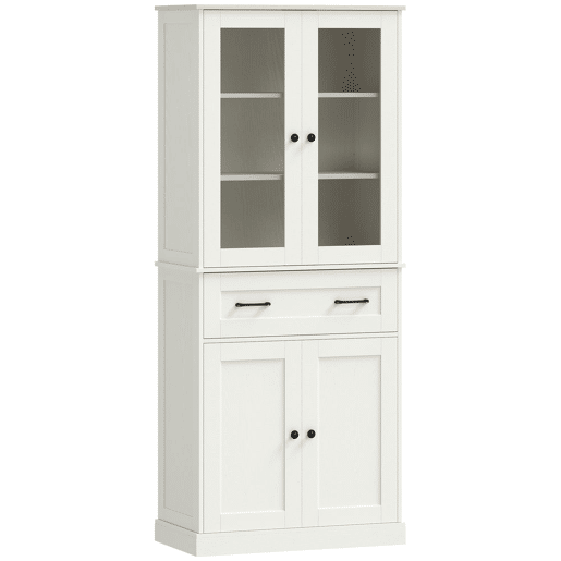 HOMCOM Armário de Cozinha Móvel Auxiliar com 2 Portas de Acrílico Gaveta Grande Prateleiras Ajustáveis para Sala de Jantar 76x40x182,5 cm Creme
