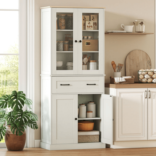 HOMCOM Armário de Cozinha Móvel Auxiliar com 2 Portas de Acrílico Gaveta Grande Prateleiras Ajustáveis para Sala de Jantar 76x40x182,5 cm Creme