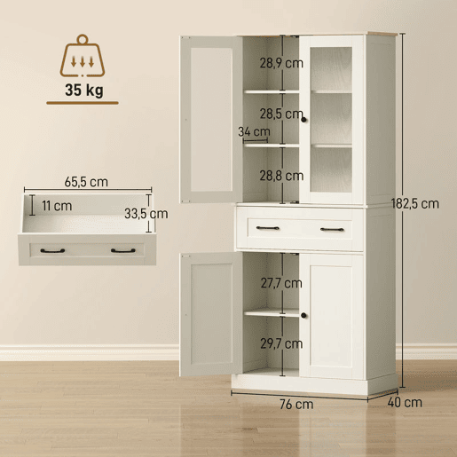 HOMCOM Armário de Cozinha Móvel Auxiliar com 2 Portas de Acrílico Gaveta Grande Prateleiras Ajustáveis para Sala de Jantar 76x40x182,5 cm Creme