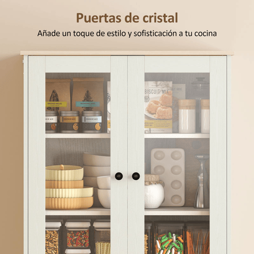HOMCOM Armário de Cozinha Móvel Auxiliar com 2 Portas de Acrílico Gaveta Grande Prateleiras Ajustáveis para Sala de Jantar 76x40x182,5 cm Creme