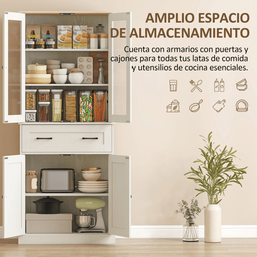 HOMCOM Armário de Cozinha Móvel Auxiliar com 2 Portas de Acrílico Gaveta Grande Prateleiras Ajustáveis para Sala de Jantar 76x40x182,5 cm Creme