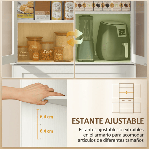 HOMCOM Armário de Cozinha Móvel Auxiliar com 2 Portas de Acrílico Gaveta Grande Prateleiras Ajustáveis para Sala de Jantar 76x40x182,5 cm Creme