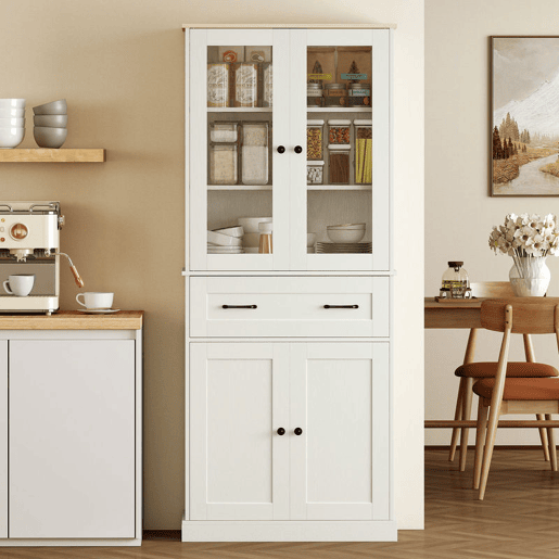 HOMCOM Armário de Cozinha Móvel Auxiliar com 2 Portas de Acrílico Gaveta Grande Prateleiras Ajustáveis para Sala de Jantar 76x40x182,5 cm Creme