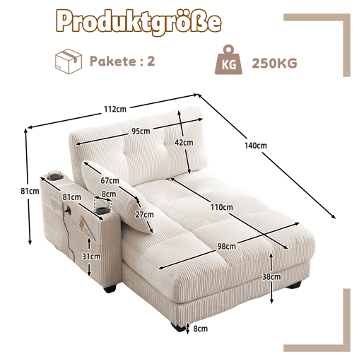 Poltrona de palma de 1 lugar - Com apoios de braços enroláveis, encosto ajustável, 3 copos e bolso lateral - Bege