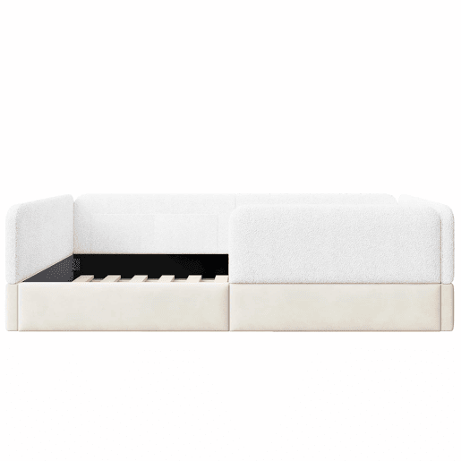 Cama de plataforma estofada 90x200 - com grade de segurança e saco de arrumação - branco
