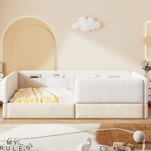 Cama de plataforma estofada 90x200 - com grade de segurança e saco de arrumação - branco