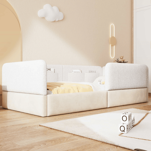 Cama de plataforma estofada 90x200 - com grade de segurança e saco de arrumação - branco