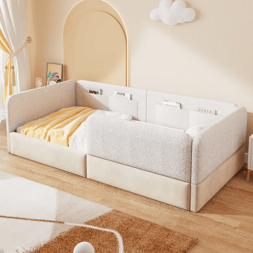 Cama de plataforma estofada 90x200 - com grade de segurança e saco de arrumação - branco