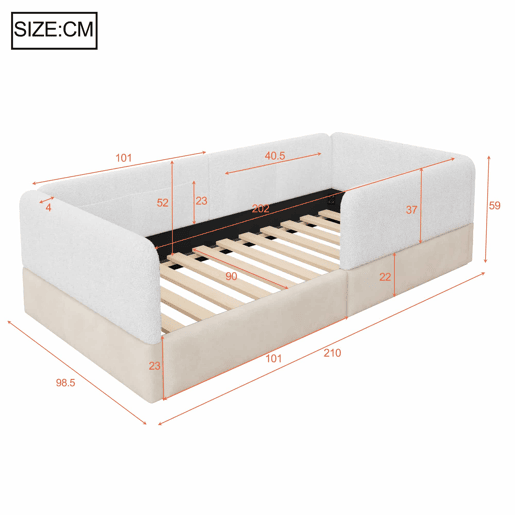 Cama de plataforma estofada 90x200 - com grade de segurança e saco de arrumação - branco