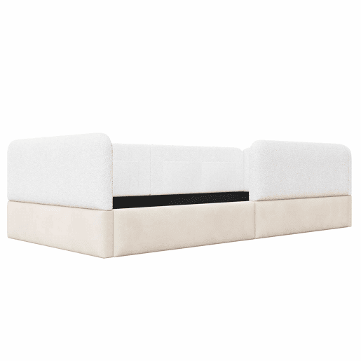 Cama de plataforma estofada 90x200 - com grade de segurança e saco de arrumação - branco