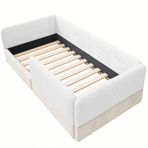 Cama de plataforma estofada 90x200 - com grade de segurança e saco de arrumação - branco