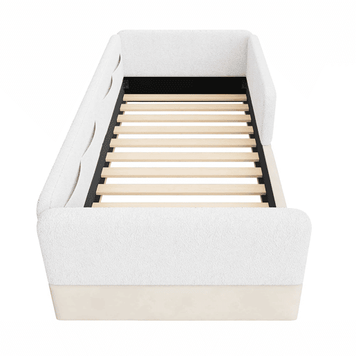 Cama de plataforma estofada 90x200 - com grade de segurança e saco de arrumação - branco