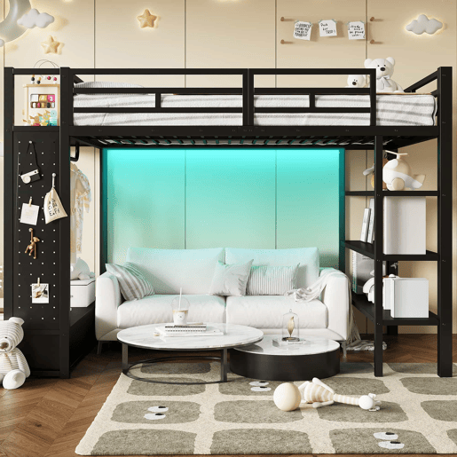 Cama alta 140x200 - armário aberto, prateleiras, painel perfurado e luz LED - preto