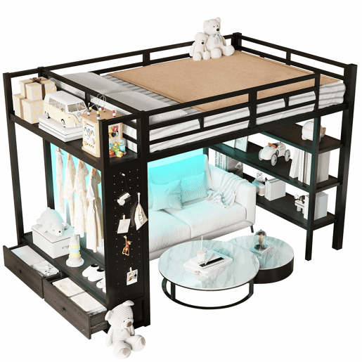 Cama alta 140x200 - armário aberto, prateleiras, painel perfurado e luz LED - preto