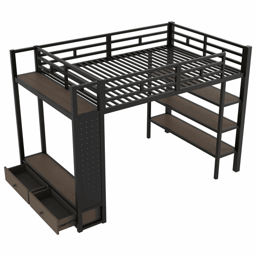 Cama alta 140x200 - armário aberto, prateleiras, painel perfurado e luz LED - preto