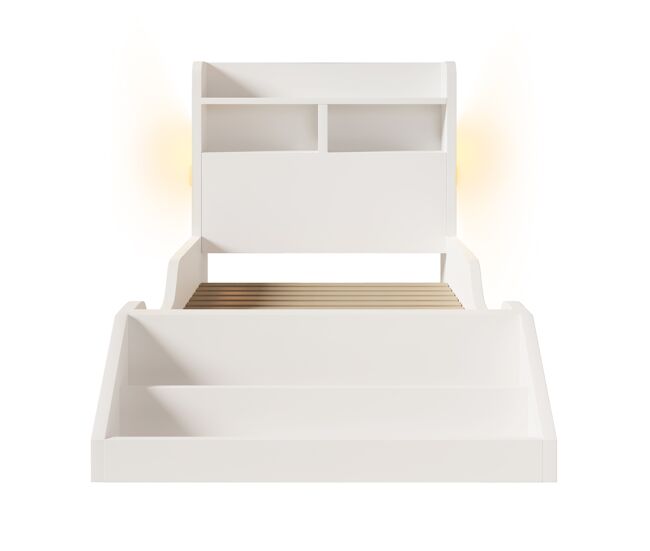 Cama individual 90x200 cm - juvenil con estantes, luz nocturna, estantería desmontable, somier incluido - blanco