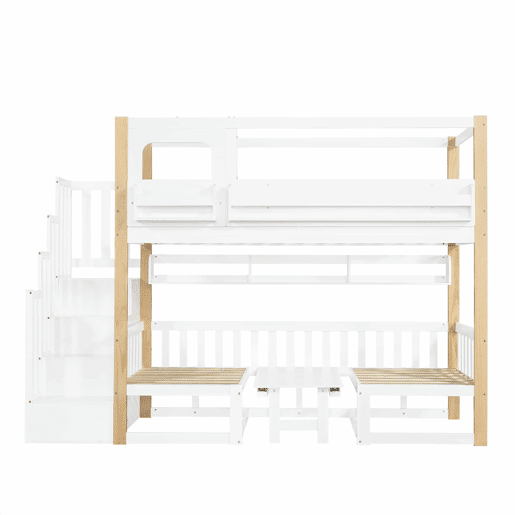 Beliche infantil 90x200 cm - com secretária regulável em altura, estante integrada e escada com espaço de arrumação - branco e natural