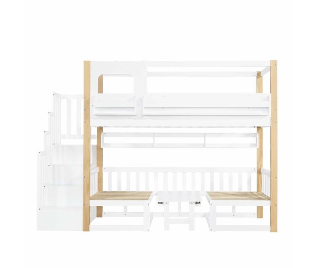 Litera infantil 90x200 cm - con escritorio ajustable en altura, estantería integrada y escalera con almacenamiento - blanco y natural