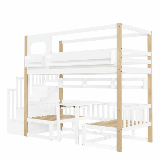 Beliche infantil 90x200 cm - com secretária regulável em altura, estante integrada e escada com espaço de arrumação - branco e natural