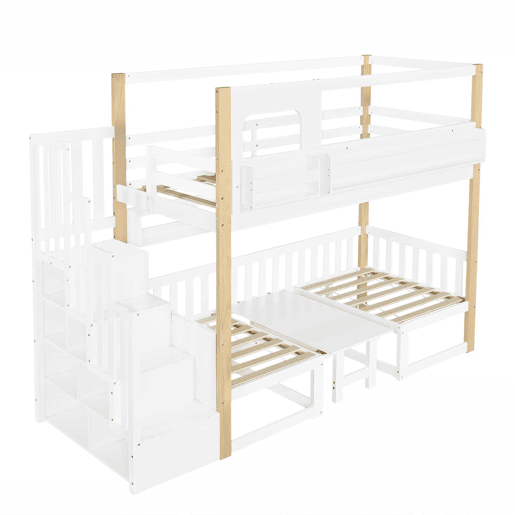 Beliche infantil 90x200 cm - com secretária regulável em altura, estante integrada e escada com espaço de arrumação - branco e natural