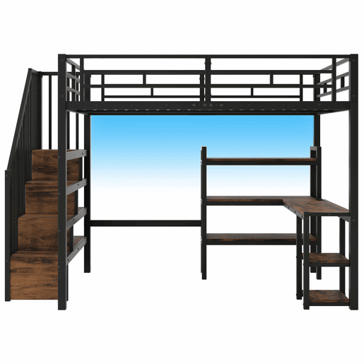 Cama alta em metal 140x200 - com escada, secretária integrada, arrumação, porta USB e luz LED - preta
