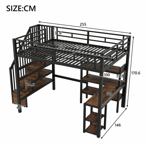 Cama alta em metal 140x200 - com escada, secretária integrada, arrumação, porta USB e luz LED - preta