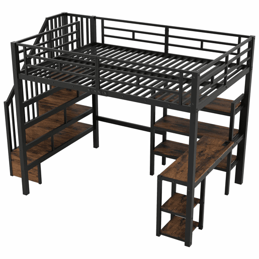 Cama alta em metal 140x200 - com escada, secretária integrada, arrumação, porta USB e luz LED - preta