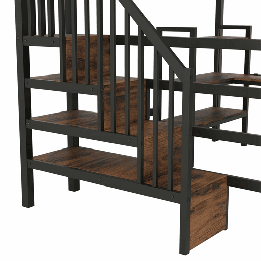 Cama alta em metal 140x200 - com escada, secretária integrada, arrumação, porta USB e luz LED - preta