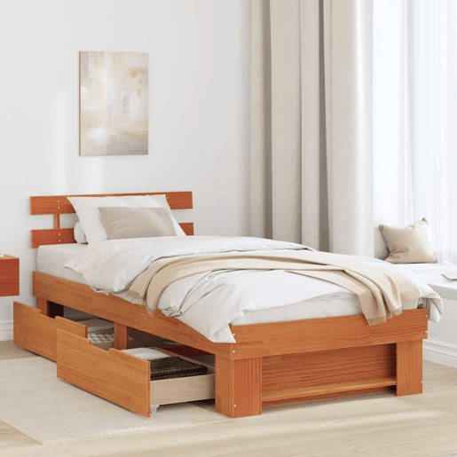 Estrutura de cama de solteiro moderno com cabeceira - Marrom Cera 90 x 200 cm