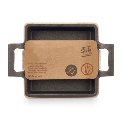 Bandeja pequena quadrada de ferro com faixa de bambu Bandeja pequena quadrada de ferro com faixa de bambu