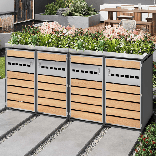 Caixa de lixo com ventilação - 4 portas, compartimentos de armazenamento, com fechadura, área para plantas - Cinza, Madeira