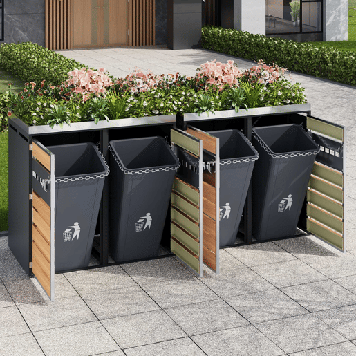 Caixa de lixo com ventilação - 4 portas, compartimentos de armazenamento, com fechadura, área para plantas - Cinza, Madeira