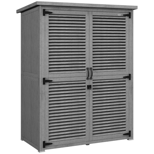Outsunny Casota de Jardim em Madeira, 127x65x168 cm, Abrigo de Exterior para Armazenamento de Ferramentas, com 2 Portas de Persiana, 2 Estantes e Telhado Impermeável, Cinzento