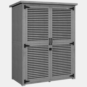 Outsunny Casota de Jardim em Madeira, 127x65x168 cm, Abrigo de Exterior para Armazenamento de Ferramentas, com 2 Portas de Persiana, 2 Estantes e Telhado Impermeável, Cinzento