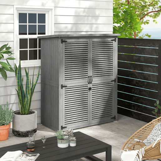 Outsunny Casota de Jardim em Madeira, 127x65x168 cm, Abrigo de Exterior para Armazenamento de Ferramentas, com 2 Portas de Persiana, 2 Estantes e Telhado Impermeável, Cinzento
