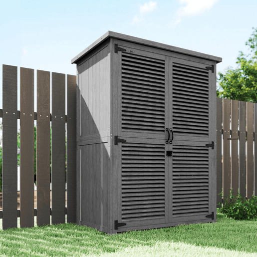 Outsunny Casota de Jardim em Madeira, 127x65x168 cm, Abrigo de Exterior para Armazenamento de Ferramentas, com 2 Portas de Persiana, 2 Estantes e Telhado Impermeável, Cinzento