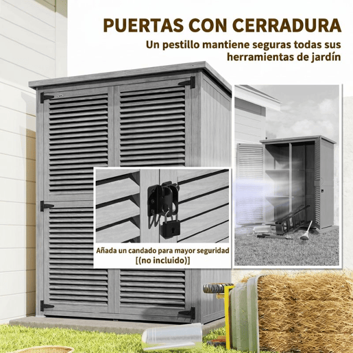 Outsunny Casota de Jardim em Madeira, 127x65x168 cm, Abrigo de Exterior para Armazenamento de Ferramentas, com 2 Portas de Persiana, 2 Estantes e Telhado Impermeável, Cinzento