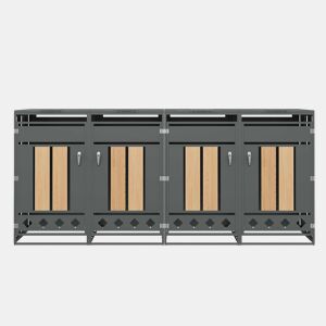 Caixa para lixo com tampa articulada - Compartimentos de armazenamento para lixo, Fecho, Quatro portas, Painel da porta com veios de madeira verticais, Base oca em forma de losango - Cinza, Madeira