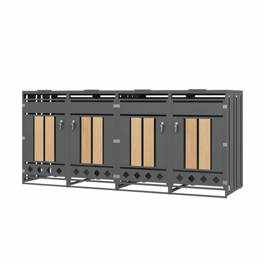 Caixa para lixo com tampa articulada - Compartimentos de armazenamento para lixo, Fecho, Quatro portas, Painel da porta com veios de madeira verticais, Base oca em forma de losango - Cinza, Madeira