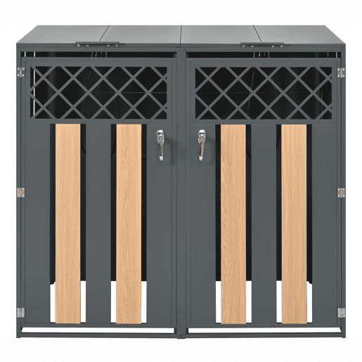 Contentor de lixo exterior 132x80x118,5 cm - com tampa basculante, ventilação em forma de losango, compartimentos para resíduos, com fechadura, duas portas - cinzento e madeira