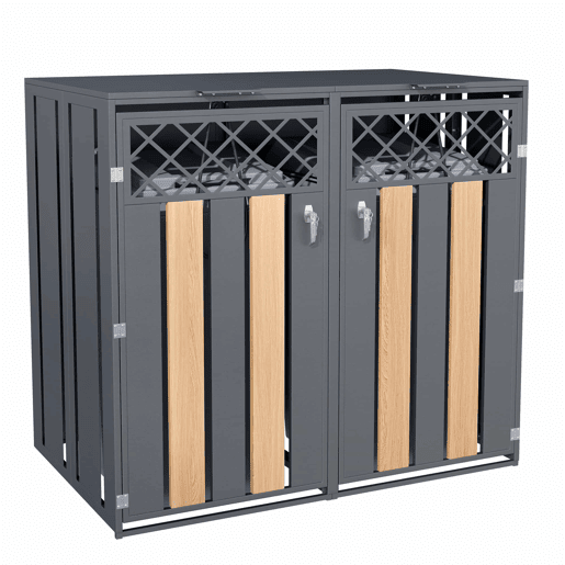 Contentor de lixo exterior 132x80x118,5 cm - com tampa basculante, ventilação em forma de losango, compartimentos para resíduos, com fechadura, duas portas - cinzento e madeira