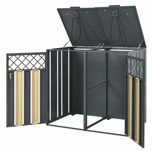 Contentor de lixo exterior 132x80x118,5 cm - com tampa basculante, ventilação em forma de losango, compartimentos para resíduos, com fechadura, duas portas - cinzento e madeira