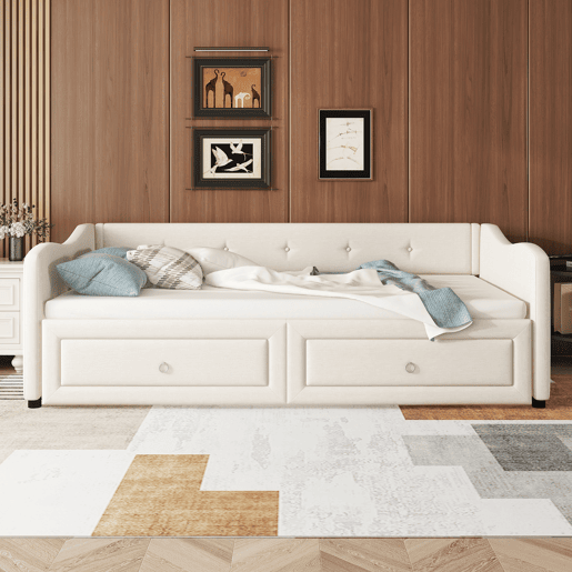 Cama de dia 90x200 cm - Cama extraível, sofá-cama com duas gavetas, linho, estilo minimalista, bege