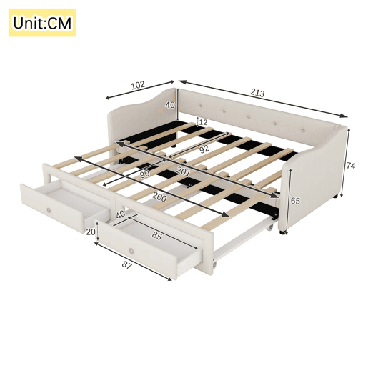 Cama de dia 90x200 cm - Cama extraível, sofá-cama com duas gavetas, linho, estilo minimalista, bege